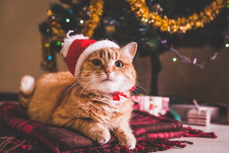 gato vermelho usa chapeu de papai noel debaixo da arvore de natal conceito de natal e ano novo 106029 1241